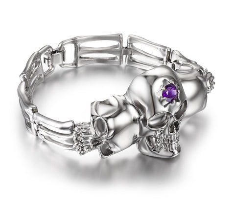Gemstone Amethyst in Rhodium Plated Sterling Silver Skull Bracelet