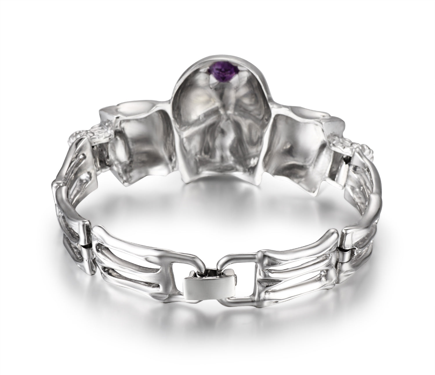 Gemstone Amethyst in Rhodium Plated Sterling Silver Skull Bracelet