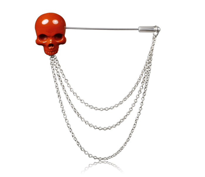 Red Jasper Carved Crystal Skull Brooch and Sterling Silver Chain