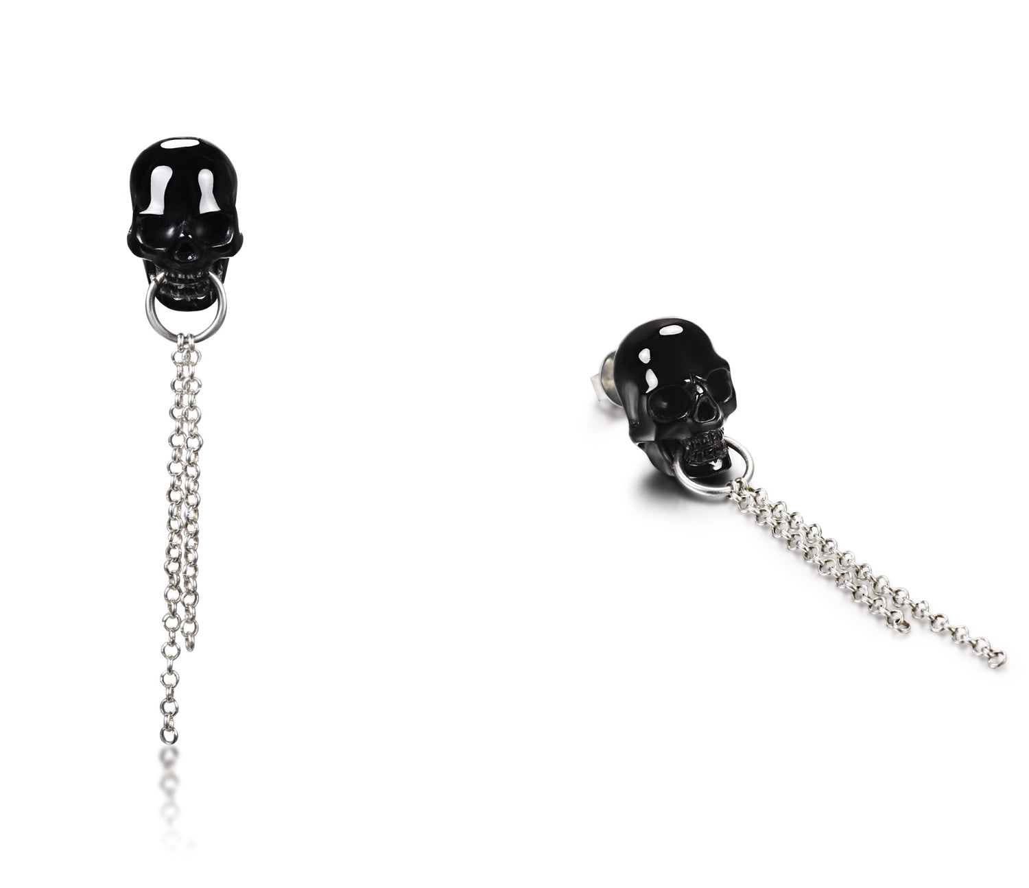 Black Obsidian Carved Crystal Skull Earrings with Sterling Silver