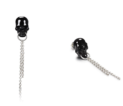 Black Obsidian Carved Crystal Skull Earrings with Sterling Silver