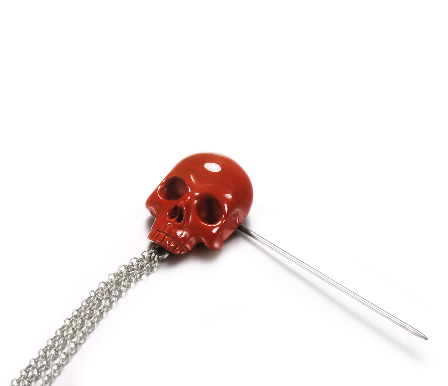 Red Jasper Carved Crystal Skull Brooch and Sterling Silver Chain