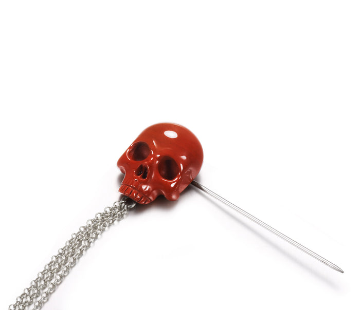Red Jasper Carved Crystal Skull Brooch and Sterling Silver Chain