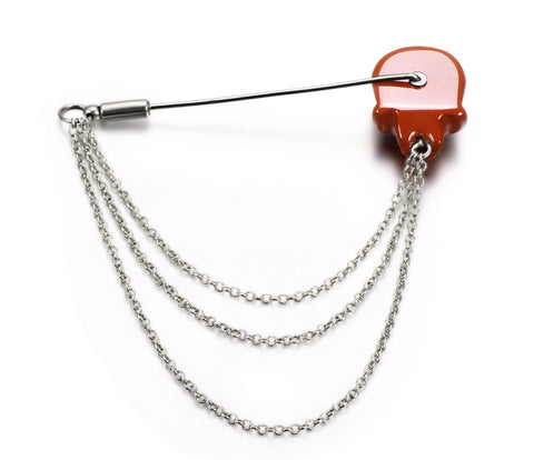 Red Jasper Carved Crystal Skull Brooch and Sterling Silver Chain