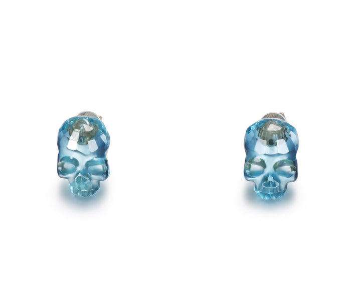 Gemstone, Sky Blue Topaz Carved Crystal Skull Earrings with Sterling Silver