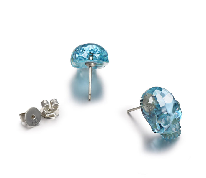 Gemstone, Sky Blue Topaz Carved Crystal Skull Earrings with Sterling Silver1