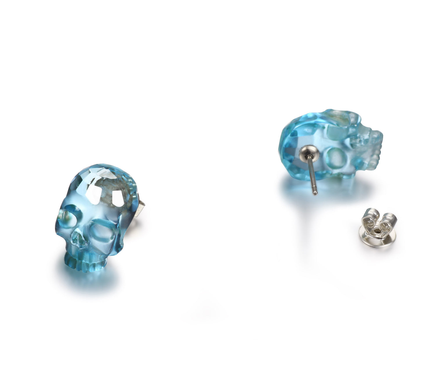 Gemstone, Sky Blue Topaz Carved Crystal Skull Earrings with Sterling Silver