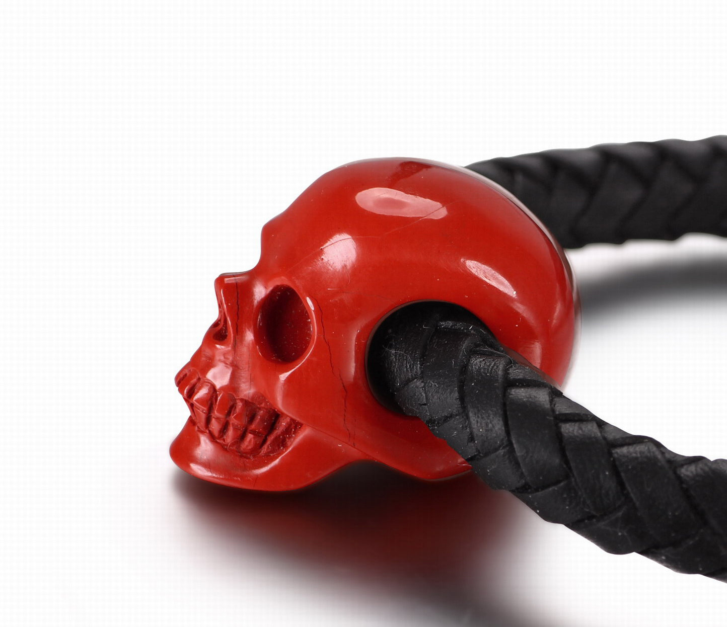 Bracelet of Red Jasper Carved Gemstone Crystal Skull on Genuine Leather