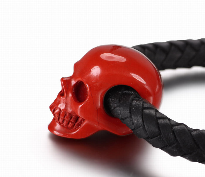 Bracelet of Red Jasper Carved Gemstone Crystal Skull on Genuine Leather
