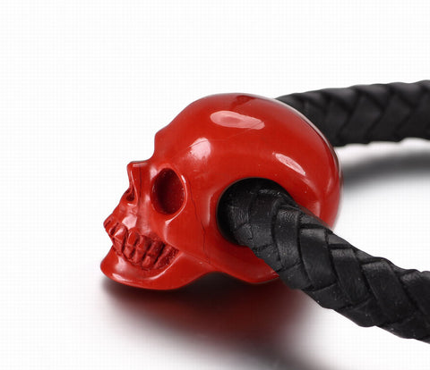 Bracelet of Red Jasper Carved Gemstone Crystal Skull on Genuine Leather