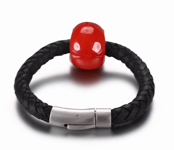 Bracelet of Red Jasper Carved Gemstone Crystal Skull on Genuine Leather