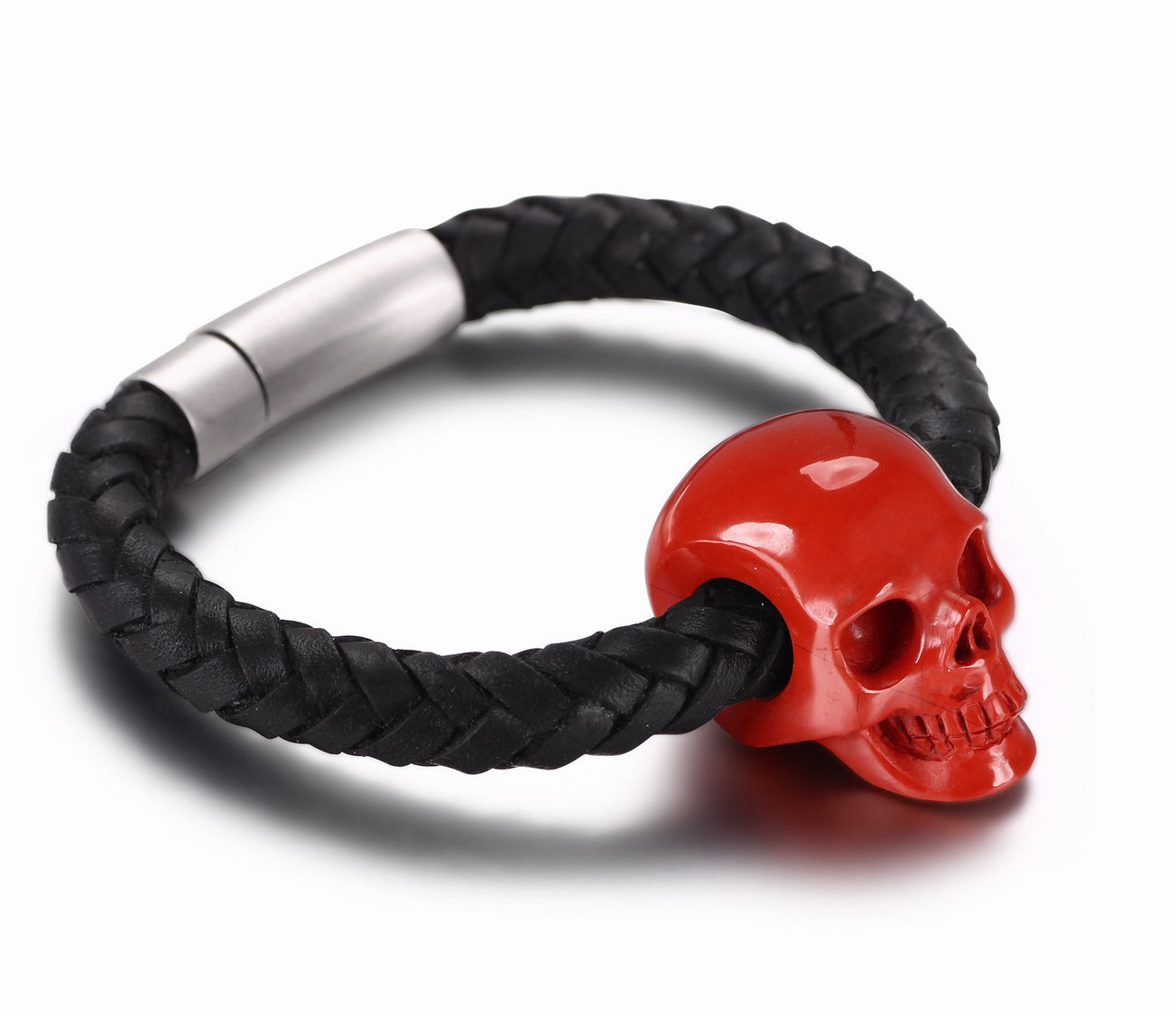 Bracelet of Red Jasper Carved Gemstone Crystal Skull on Genuine Leather1