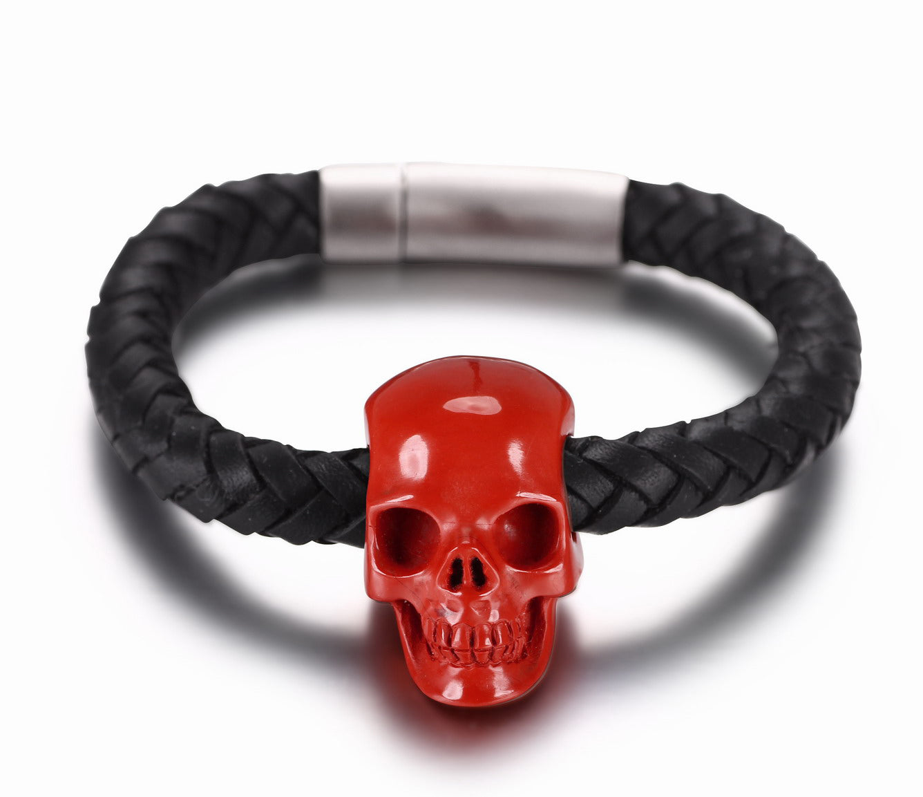 Bracelet of Red Jasper Carved Gemstone Crystal Skull on Genuine Leather