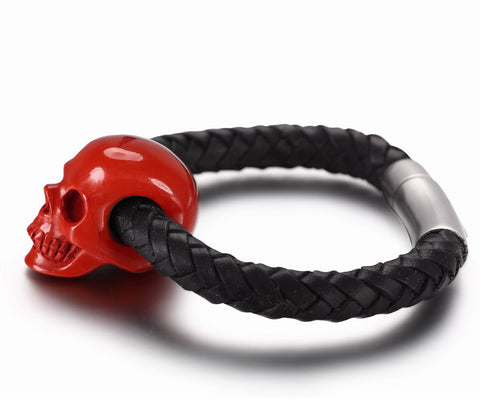 Bracelet of Red Jasper Carved Gemstone Crystal Skull on Genuine Leather