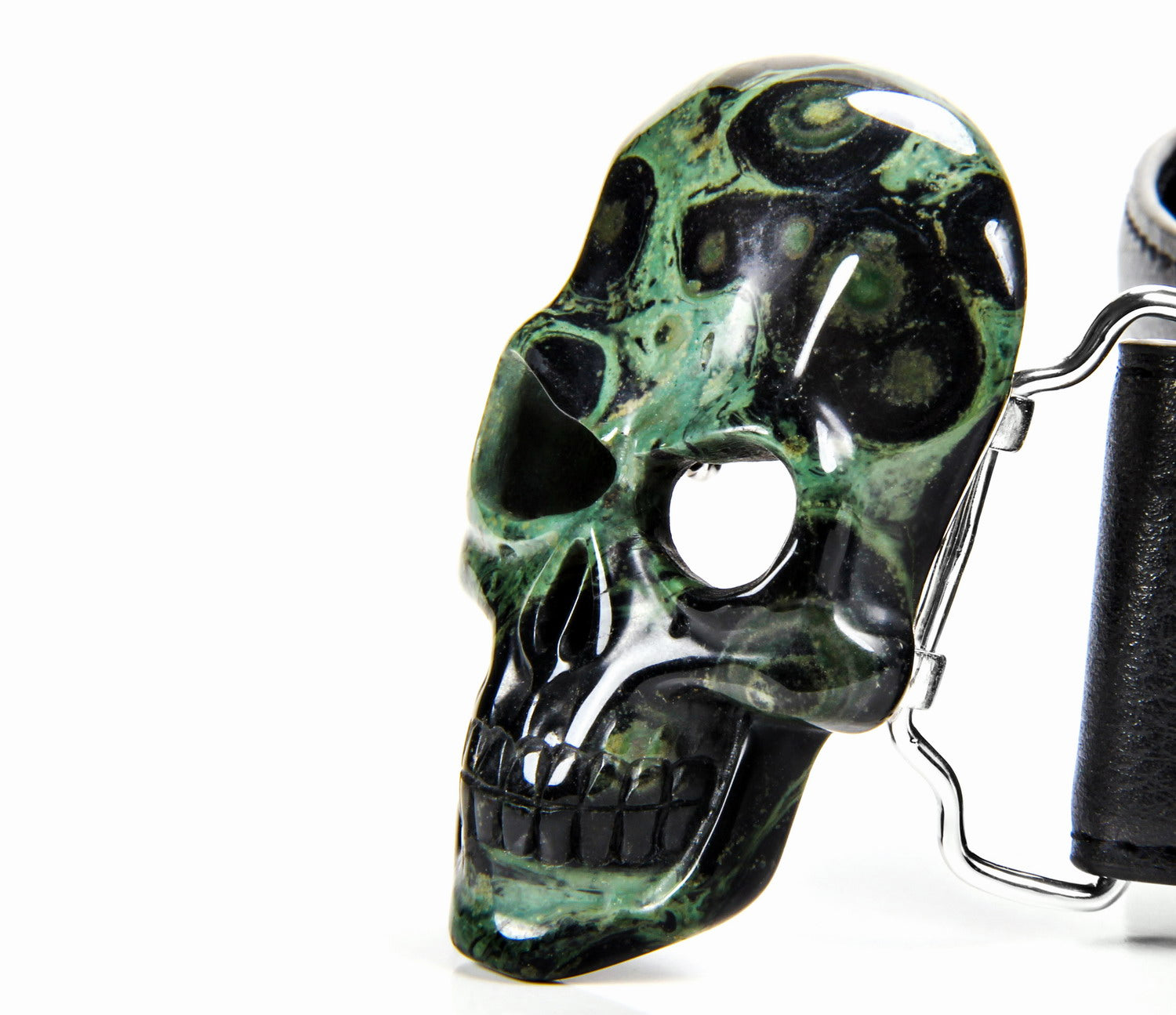 Kambaba Jasper Carved Crystal Skull Belt, sterling silver rhodium plated