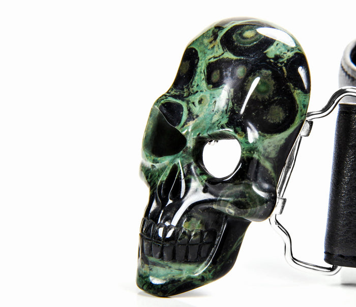 Kambaba Jasper Carved Crystal Skull Belt, sterling silver rhodium plated