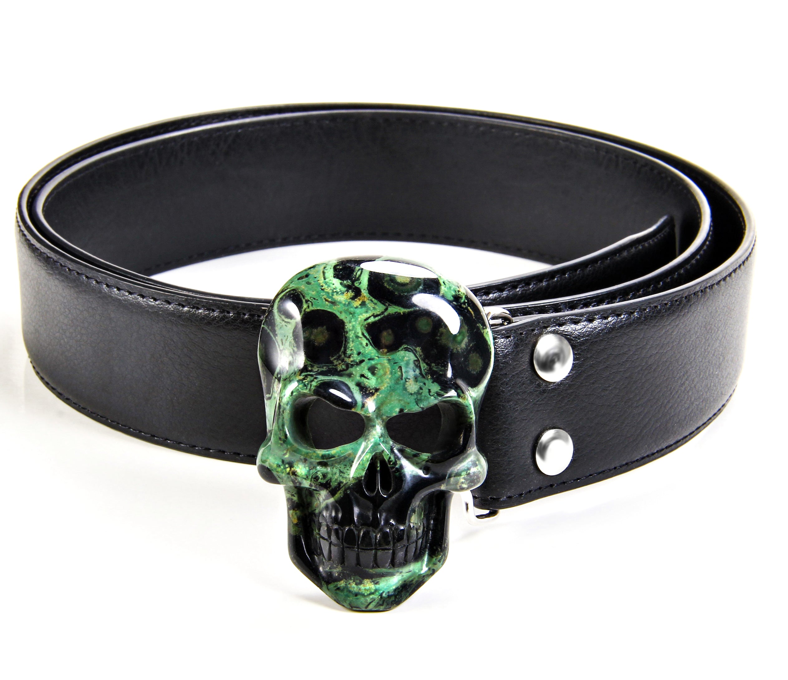 Kambaba Jasper Carved Crystal Skull Belt, sterling silver rhodium plated