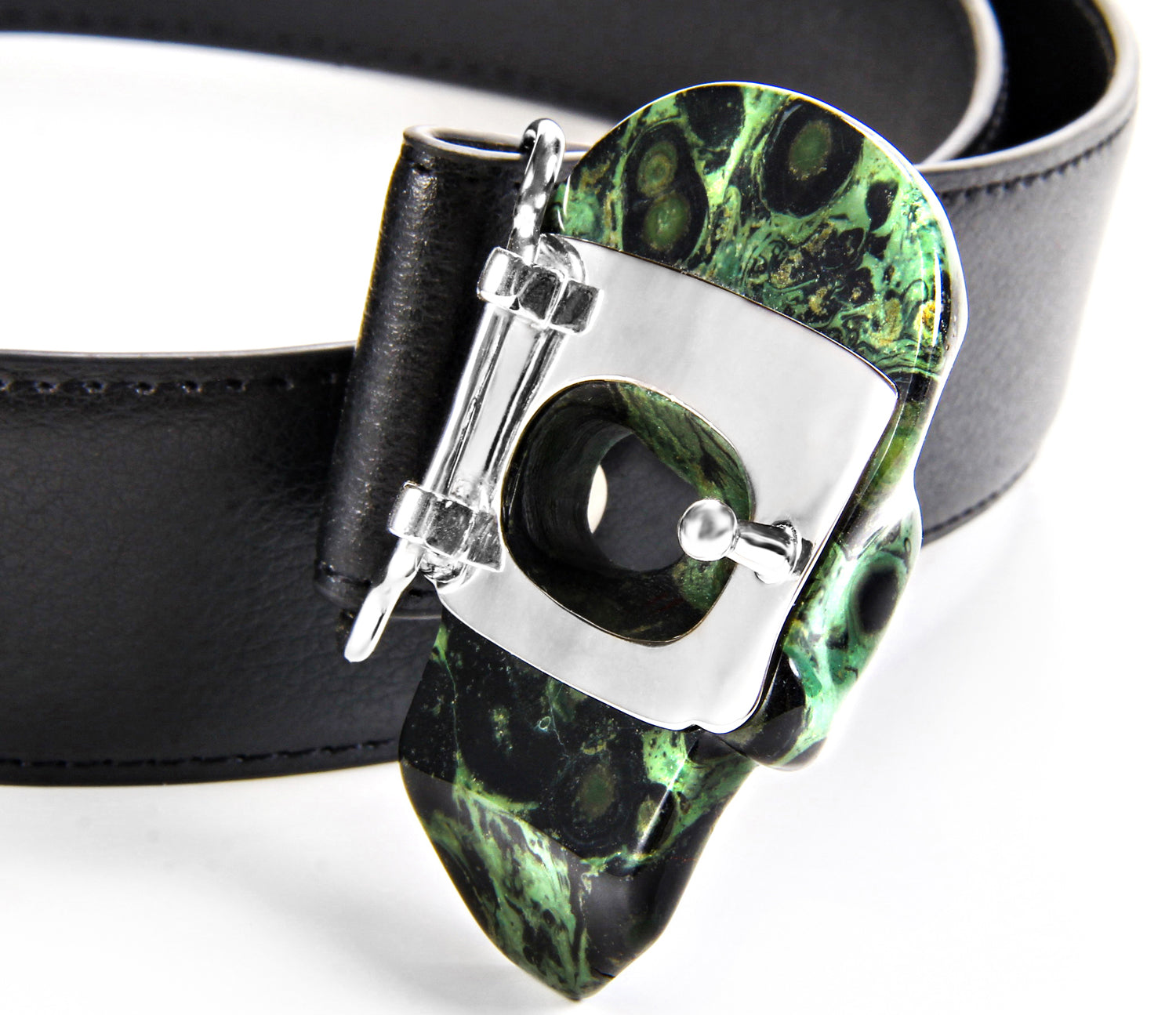 Kambaba Jasper Carved Crystal Skull Belt, sterling silver rhodium plated