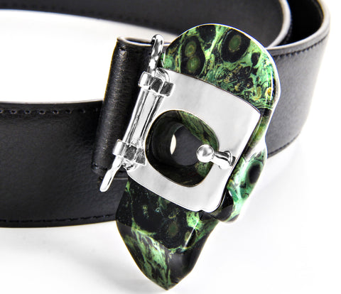 Kambaba Jasper Carved Crystal Skull Belt, sterling silver rhodium plated