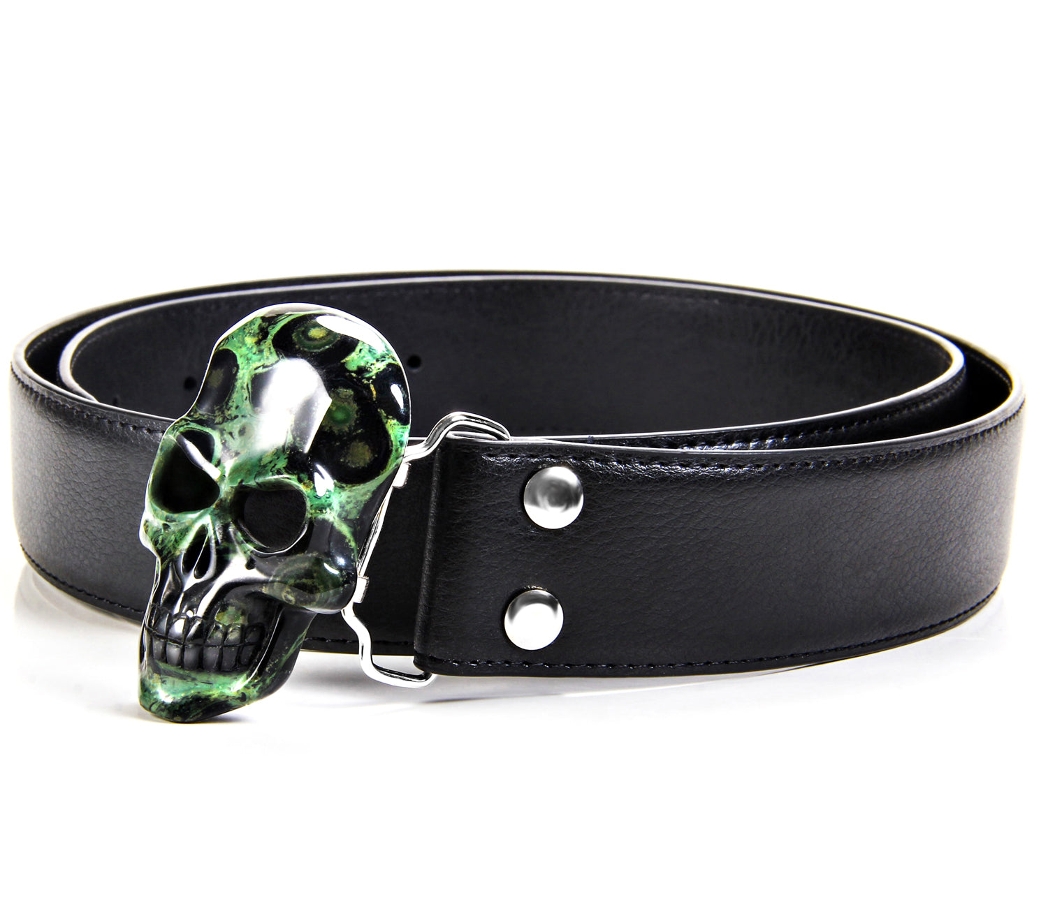 Kambaba Jasper Carved Crystal Skull Belt, sterling silver rhodium plated