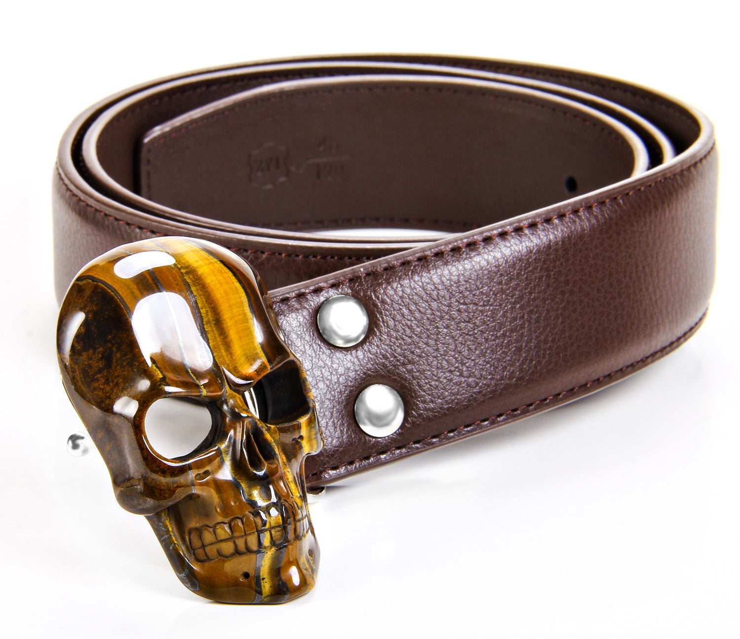 Tiger Iron Eye Carved Crystal Skull Belt, sterling silver rhodium plated
