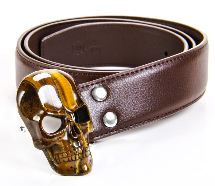 Tiger Iron Eye Carved Crystal Skull Belt, sterling silver rhodium plated