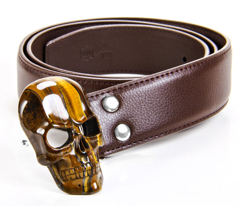 Tiger Iron Eye Carved Crystal Skull Belt, sterling silver rhodium plated