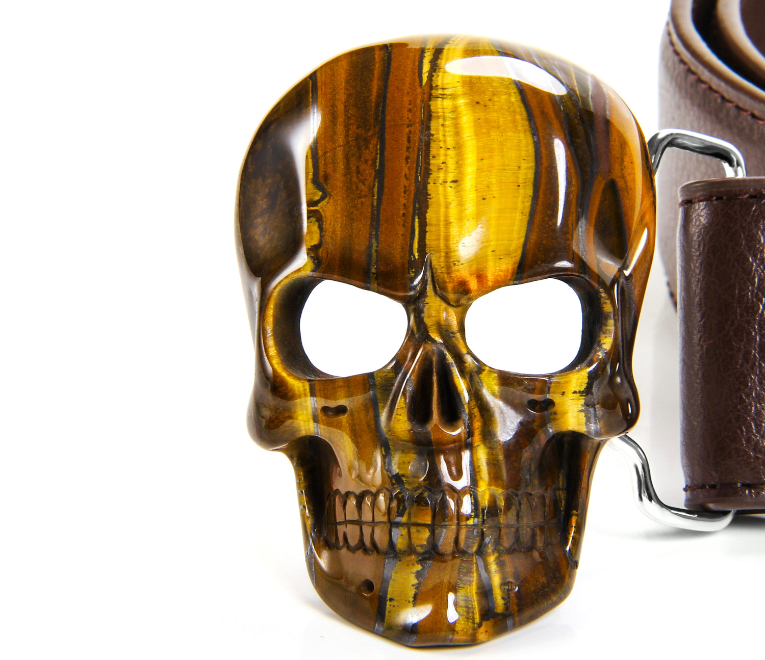 Tiger Iron Eye Carved Crystal Skull Belt, sterling silver rhodium plated