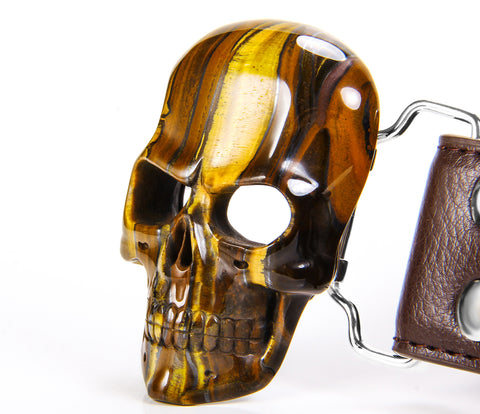 Tiger Iron Eye Carved Crystal Skull Belt, sterling silver rhodium plated