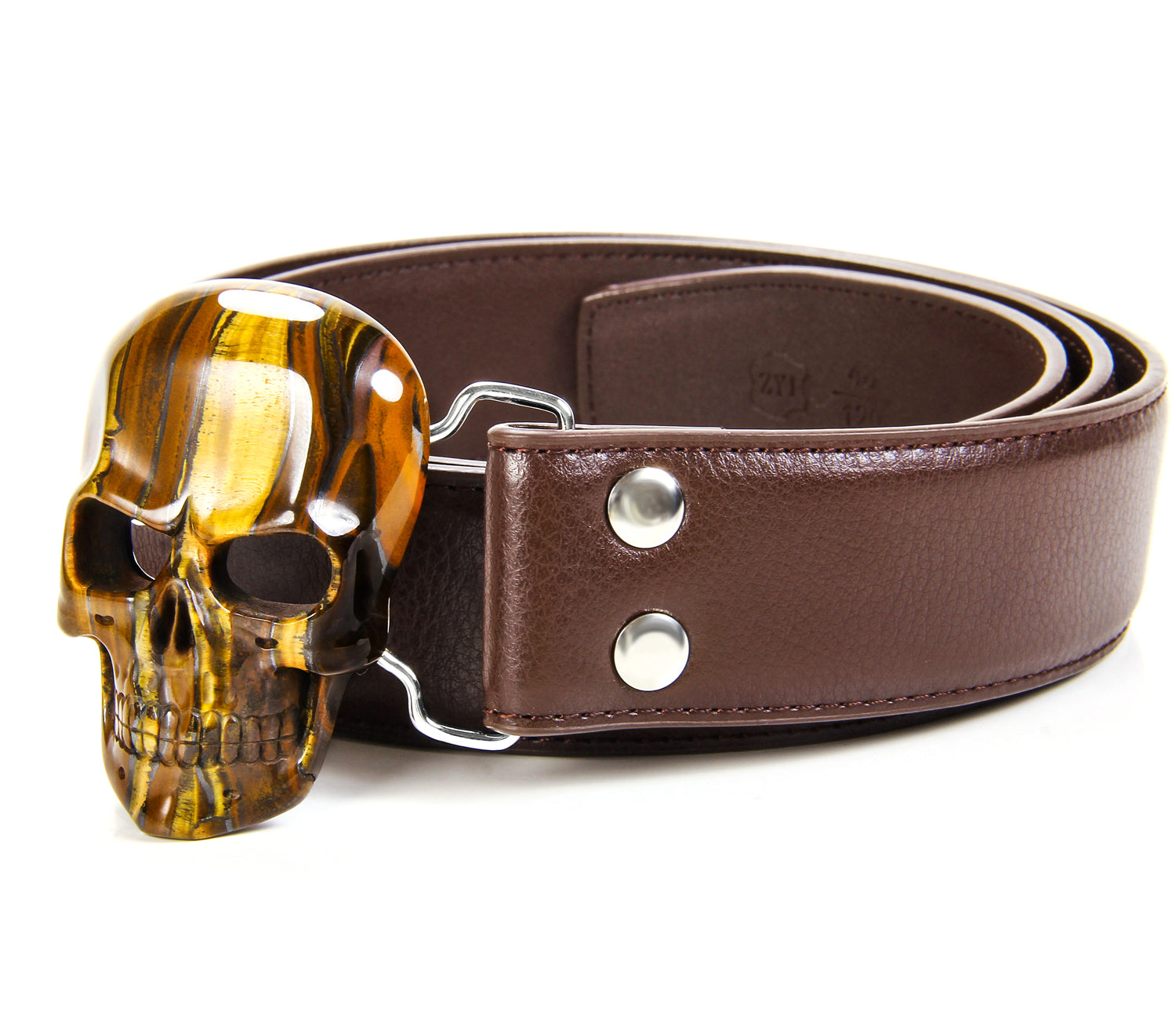 Tiger Iron Eye Carved Crystal Skull Belt, sterling silver rhodium plated