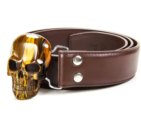Tiger Iron Eye Carved Crystal Skull Belt, sterling silver rhodium plated