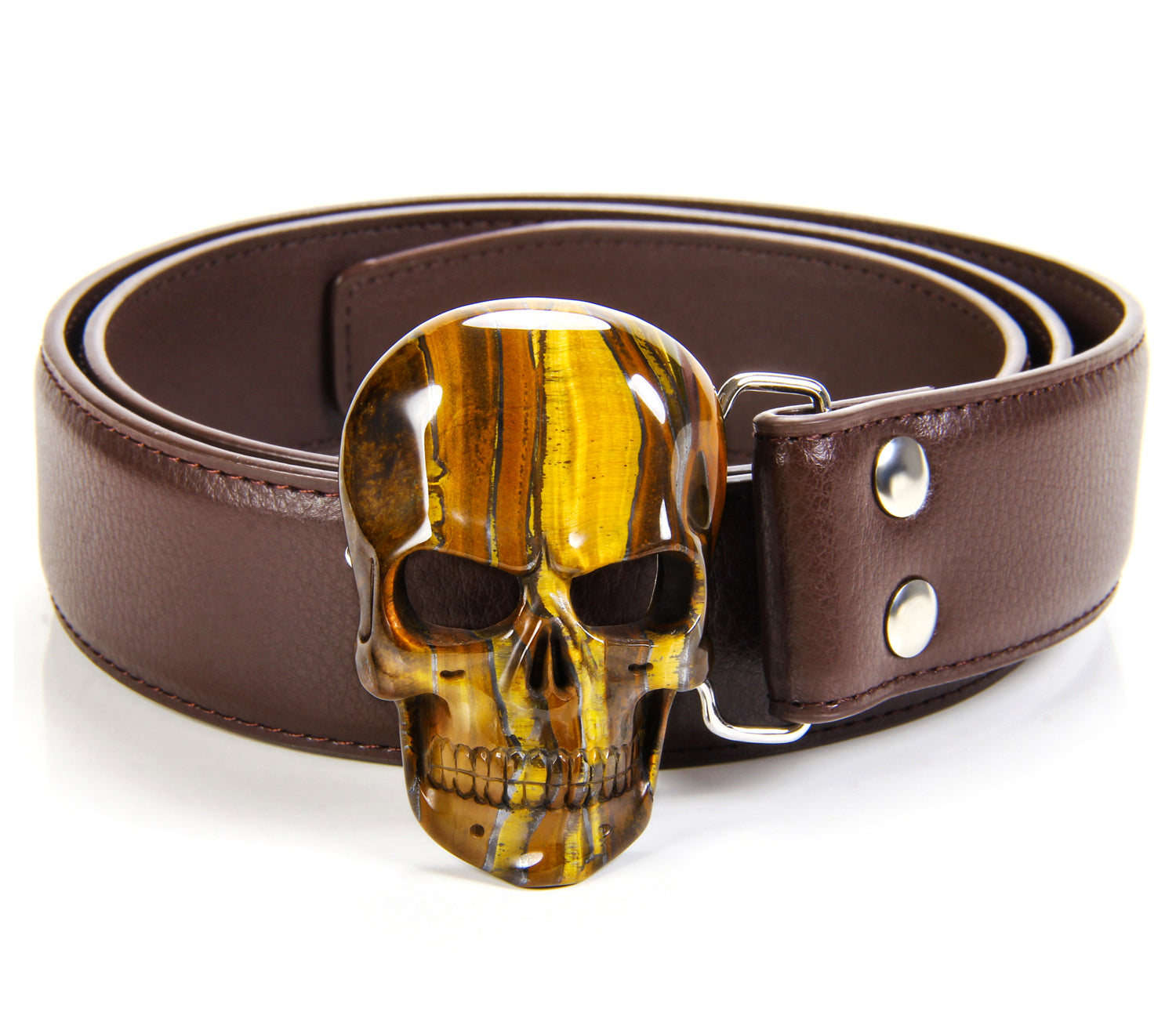 Tiger Iron Eye Carved Crystal Skull Belt, sterling silver rhodium plated