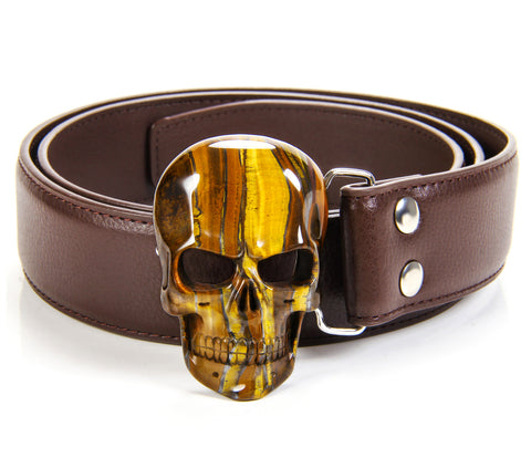 Tiger Iron Eye Carved Crystal Skull Belt, sterling silver rhodium plated