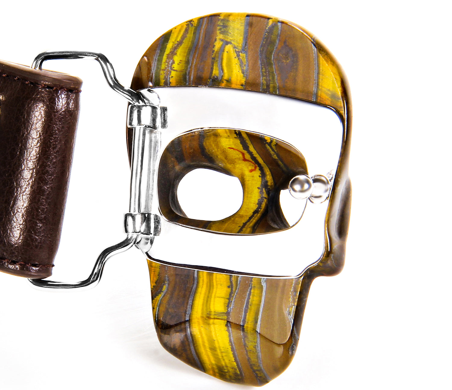 Tiger Iron Eye Carved Crystal Skull Belt, sterling silver rhodium plated