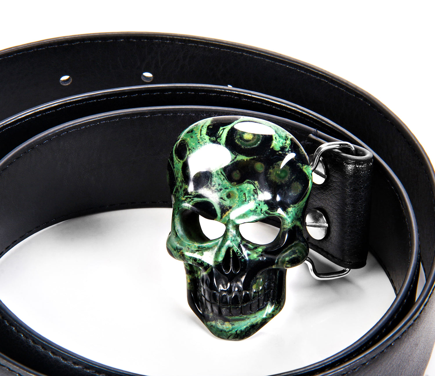Kambaba Jasper Carved Crystal Skull Belt, sterling silver rhodium plated