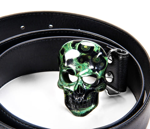 Kambaba Jasper Carved Crystal Skull Belt, sterling silver rhodium plated