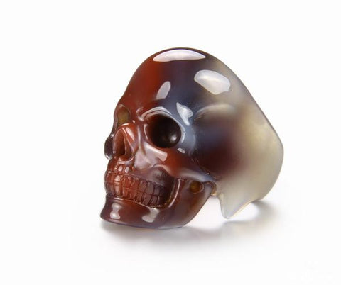 Skullis Signature Crystal Skull Ring - Solid Fine Gemstone Mozambique Agate Carved Skull Ring #001
