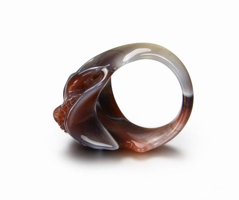 Skullis Signature Crystal Skull Ring - Solid Fine Gemstone Mozambique Agate Carved Skull Ring #001